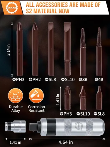 Miniatura 2 de AKM Juego de destornilladores de impacto reversibles manuales de 1/2 pulgadas, 12 destornilladores de impacto S2, acero mucho más duradero