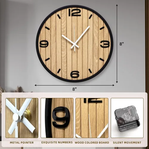 Miniatura 2 de Reloj de pared redondo de 8 pulgadas, funciona con pilas, de cuarzo, sin tictac, para apartamento, sala de estar, dormitorio, pasillo, aula, fácil A