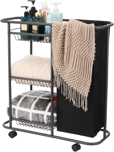 Miniatura 11 de Cesta de lavandería con 3 cestas de almacenamiento y bolsa de 45 L, carrito de lavandería resistente con ruedas y asa, ahorro de espacio, Beige