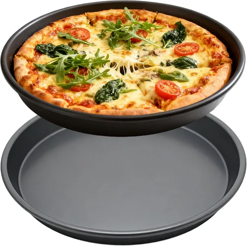 Miniatura 10 de Sartén de pizza de 12 pulgadas para horno, 2 unidades, bandeja redonda de aluminio antiadherente de 1 pulgada de profundidad para hornear pizza