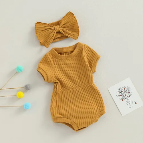 Miniatura 11 de Traje de verano para niña pequeña, de manga corta, acanalado, overol liso, pantalones cortos, ropa para recién nacidos