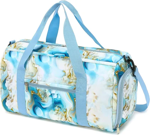 BLUBOON Bolsa de lona deportiva para mujeres y niñas, bolsa de lona para el fin de semana, Guijarro azul blanco