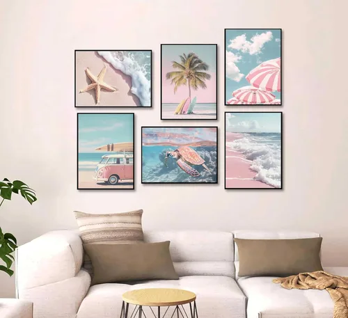 Miniatura 7 de 6 piezas de arte de pared de playa de verano fresco rosa tropical océano impresión de sillas de playa estrellas de mar tabla de surf palmera