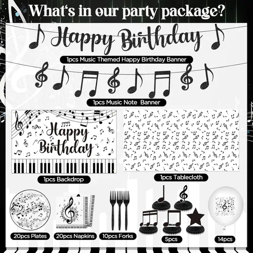 Miniatura 4 de Decoraciones de fiesta musical, nota musical negra, pancarta de feliz cumpleaños, globos, notas, platos, servilletas, mantel, mesa de nido de abeja