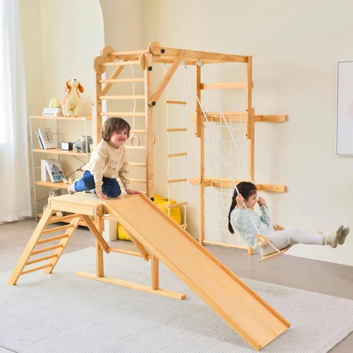 Miniatura 10 de Avenlur Grove 8 en 1 - Gimnasio de la selva interior con anillos de gimnasia, cuerda de escalada, columpio, tobogán, barras de mono, red de pared