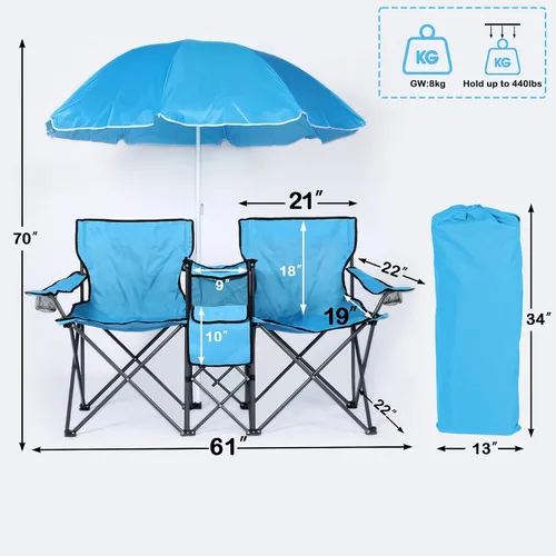 Miniatura 2 de Silla de picnic portátil doble, silla de campamento plegable con mesa para paraguas, soporte para bebidas, bolsa de transporte, mesa plegable