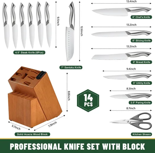 Miniatura 2 de Juego de cuchillos, EWFEN - Juego de 14 piezas de cuchillos de cocina con bloque, cuchillos de acero inoxidable alemán con afilador de cuchillos