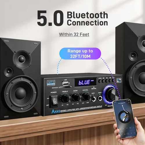 Miniatura 4 de AK45 Amplificador de audio estéreo para el hogar con receptor Bluetooth 5.0, 300 W+300 W Bluetooth HiFi AMP amplificador de potencia 2.0 canales RMS