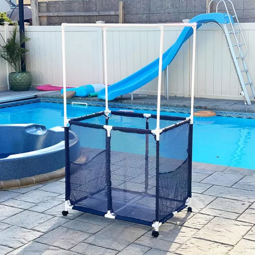 Miniatura 3 de Soporte para equipo de piscina con barras de secado de toallas, organizador de almacenamiento multiusos con ruedas de malla, colgador de toallas