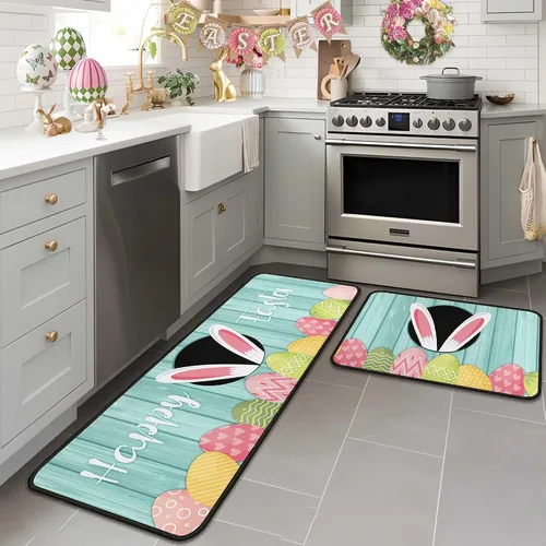 Miniatura 11 de Juego de 2 alfombras y tapetes de cocina de conejo de zanahoria y conejo, decoración de Pascua antideslizante, decoración de Pascua para el hogar