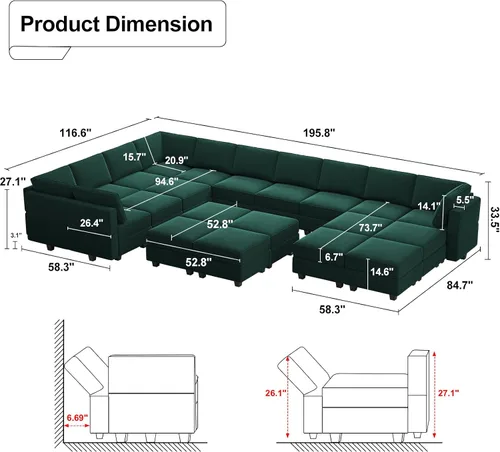 Miniatura 2 de Belffin Sofá modular grande con asiento de almacenamiento, sofá en forma de U de gran tamaño con diván reversible con sofá modular con terciopelo