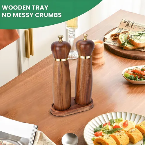 Miniatura 3 de Juego de molinillo de sal y pimienta de madera de acacia con base, molinillo de pimienta manual de 8 pulgadas con grosor ajustable, juego de 2