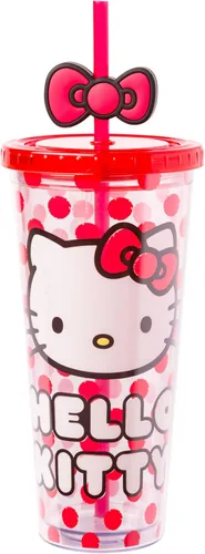 Miniatura 32 de Silver Buffalo Sanrio Hello Kitty Bow Pink Polka Dots - Vaso frío de plástico con tapa y tapa con pajita, 24 onzas Lazo Hello Kitty y lunares rosados