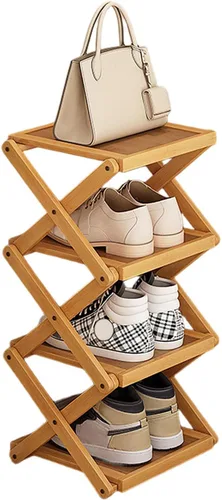 Miniatura 10 de YYW Zapatero plano de bambú para entrada, sin instalación y plegable, pequeño zapatero vertical, ahorra espacio, zapatero estrecho para armario