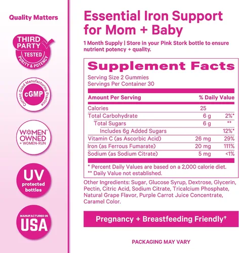 Miniatura 6 de Gomitas de suplemento prenatal de hierro para mujer, 20 mg, 60 unidades de Pink Stork Con vitamina C para absorción, sabor a uva, alivia