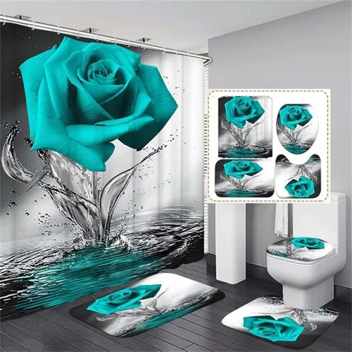 Miniatura 14 de Juego de baño Blue Rose con cortina de ducha y alfombras antideslizantes, tapete de baño, cubierta para tapa de inodoro y 12 ganchos fuertes