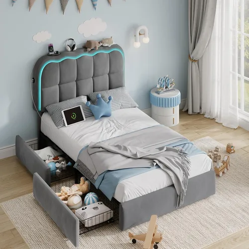 Miniatura 11 de CypBed Base de cama individual con cajones de almacenamiento y cabecero, base de cama LED tapizada de terciopelo para niños, marco de cama de metal