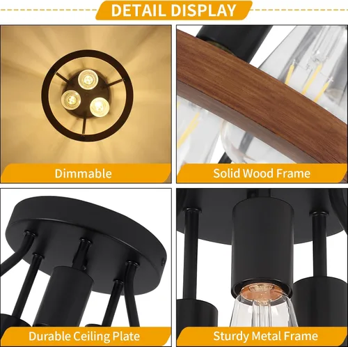 Miniatura 3 de Lámpara de techo moderna de granja de madera semiempotrada, accesorios de iluminación de pasillo y entrada, lámpara de techo industrial rústica de 3