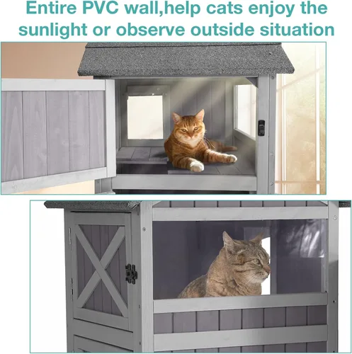 Miniatura 6 de Suumerpety Casa aislada para gatos al aire libre, refugio de madera resistente a la intemperie para gatos con forro, recintos para gatitos, casa