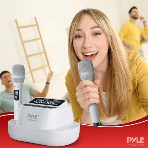 Miniatura 8 de Pyle Sistema de micrófono inalámbrico UHF - Receptor Bluetooth con 2 micrófonos de mano recargables, baterías de 1200 mAh, sonido claro
