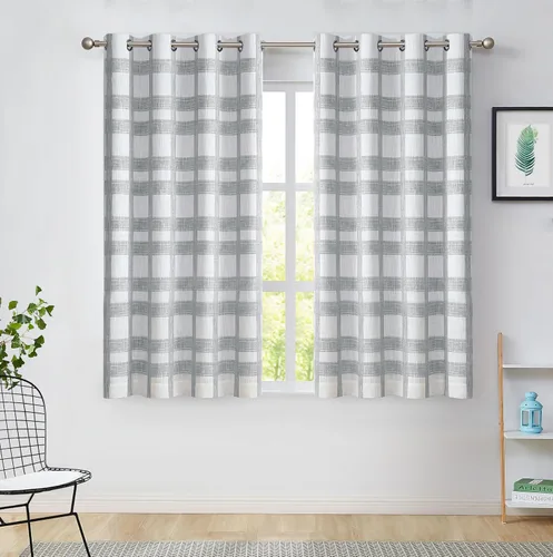 Miniatura 2 de Central Park Cortina opaca a cuadros blancos y grises para ventana, panel geométrico para dormitorio, sala de estar, con ojales en la parte