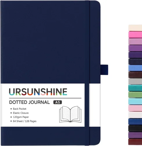Miniatura 46 de Cuaderno punteado, diario, 5.3 x 8.26 pulgadas, tapa dura, prémium, papel grueso, doble espiral, bandas, cuero negro sintético, lazo para bolígrafo