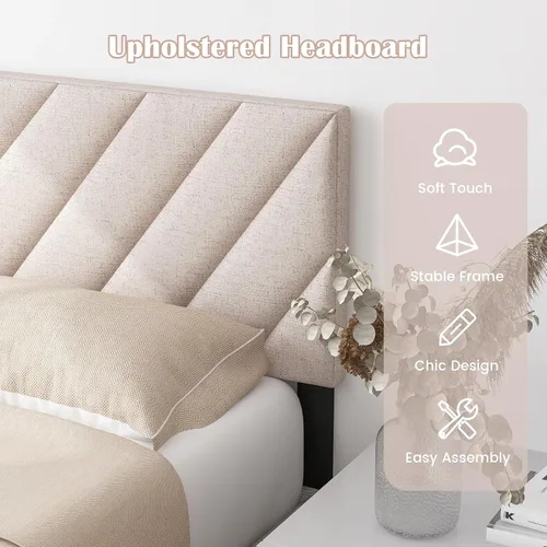 Miniatura 8 de KOMFOTT - Cabecera tapizada en tela de lino para cama tamaño Full/Queen, cabecera rectangular con patas de madera maciza y ancho ajustable, cabecera