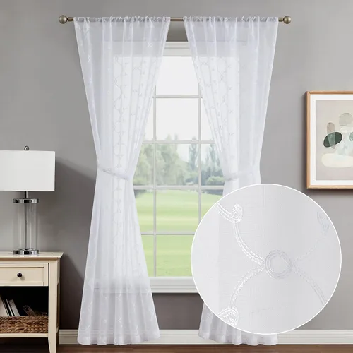 Miniatura 10 de Creative Home Ideas Cortinas transparentes (2 paneles, 38 x 63 pulgadas, azul), paneles de cortina geométricos bordados con alzapaños, cortinas
