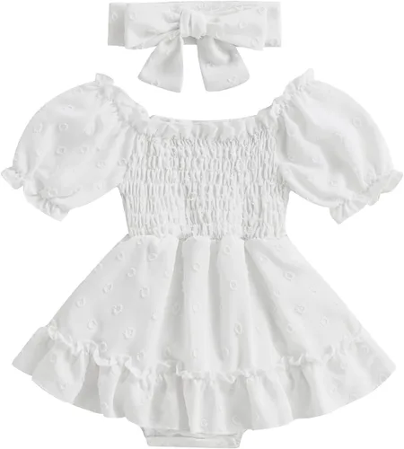 Miniatura 15 de Mameluco para bebés y niñas de 3, 6, 9, 12, 18 meses, enterizo de manga corta, fruncido, faldas y dobladillo, diadema