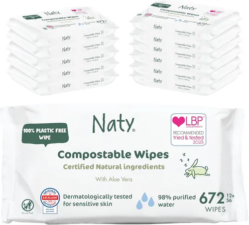 Naty Toallitas para bebés Aloe | 98% de agua, hipoalergénicas y naturales para pieles sensibles | Sin perfume, a base de plantas, sin fragancia |