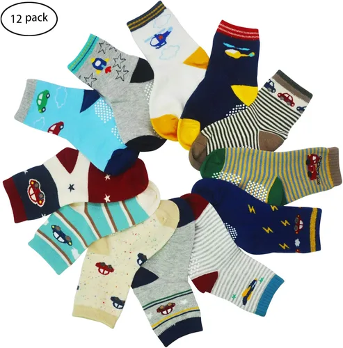 Miniatura 7 de Calcetines SkiBeaut para niño, 12 pares de calcetines antideslizantes para niño, calcetines de algodón con adherencia para niños de 1-3 3-5 5-7