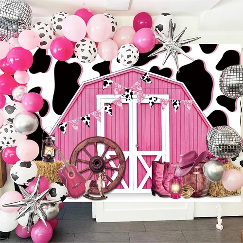 Miniatura 2 de Telón de fondo de cumpleaños de vaquera, 5 x 3 pies, color rosa, para fiesta de cumpleaños, granero, granero occidental, fondo de granero, ducha