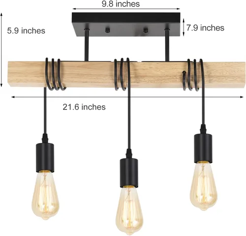 Miniatura 3 de Lámpara de Techo Estilo Granja de 3 Luces de Madera Montaje Semi Empotrado Luminaria de Techo Industrial para Dormitorio, Sala de Estar, Entrada