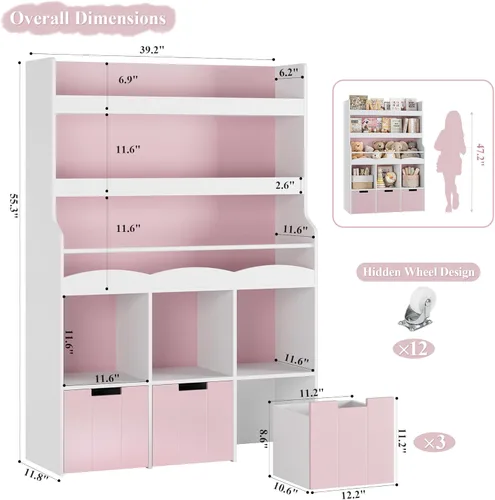 Miniatura 2 de HITHOS Estantería infantil de 55.3 pulgadas de alto con organizador de almacenamiento de juguetes, estante alto para libros con 3 contenedores Rosa