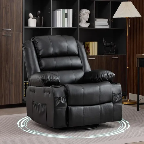 Miniatura 2 de Silla reclinable mecedora para adultos, giratoria de 360°, con portavasos y asiento profundo tapizado, de piel sintética, cómodo sofá individual