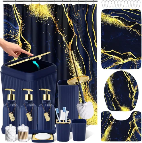 Miniatura 30 de 21PCS Bathroom Sets with Shower Curtain and Rugs Bathroom Accessories Set Beige Bathroom Set Complete with Trash Can, Toilet Brush, Qtip Holder &