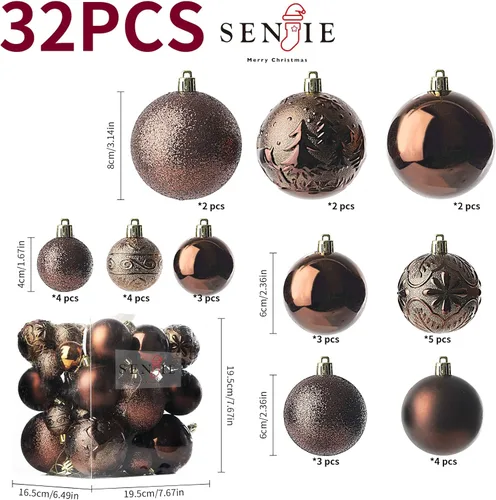 Miniatura 2 de Senjie Adornos de Navidad inastillables marrones, 32 bolas esféricas para árboles de Navidad