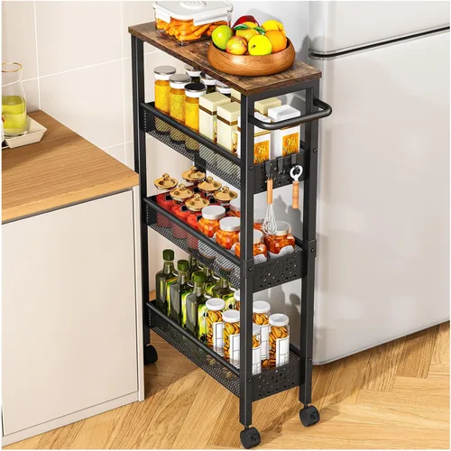 Vivihomety Carrito de Almacenamiento Delgado Utilitario con Ruedas, Carrito Rodante Pequeño de 4 Niveles con Parte Superior de Madera, Carro de