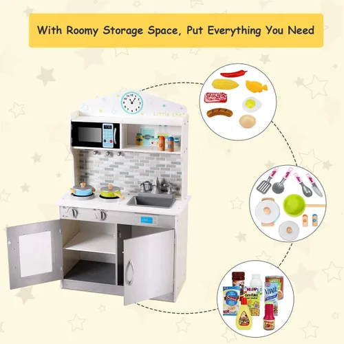 Miniatura 3 de OLAKIDS - Juego de cocina para niños, cocina de madera para niños pequeños con sonidos reales, estufa, microondas, horno, fregadero, gabinete