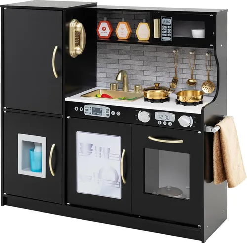 Miniatura 11 de MAT EXPERT Juego de Cocina para Niños, Cocina de Juguete de Chef de Madera con Pizarra, Máquina de Hielo, Accesorios de Utensilios de Cocina, Rosa
