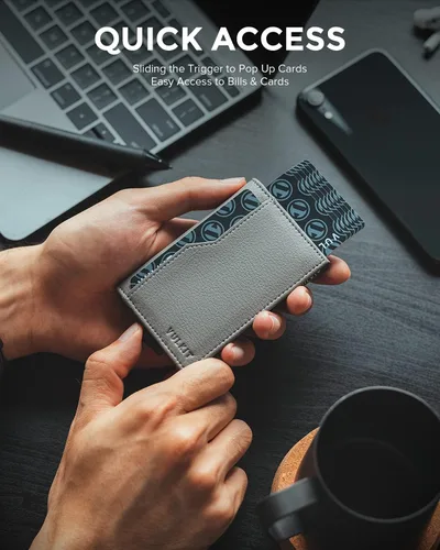 Miniatura 2 de VULKIT Tarjetero con ventana de identificación, tarjetas emergentes, delgada, de cuero, con protección RFID, hasta 12 tarjetas, funda para tarjetas