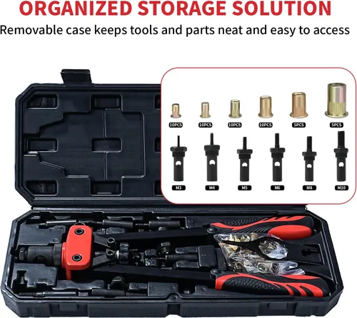 Miniatura 4 de Kit de herramientas de tuerca remachadora de 14 pulgadas, pistola de herramientas profesional con 6 mandriles métricos, 50 remaches, juego