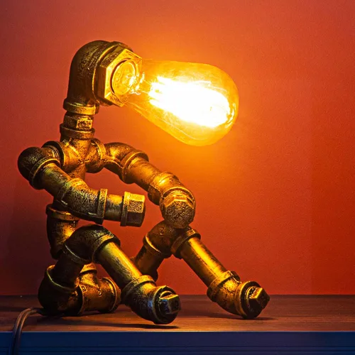 Miniatura 3 de Lámpara de Mesa Steampunk, Lámpara de Mesa de Robot de Metal Industrial Vintage, Lámpara de Mesa de Tubería de Agua, Luz de Escritorio Estilo Robot