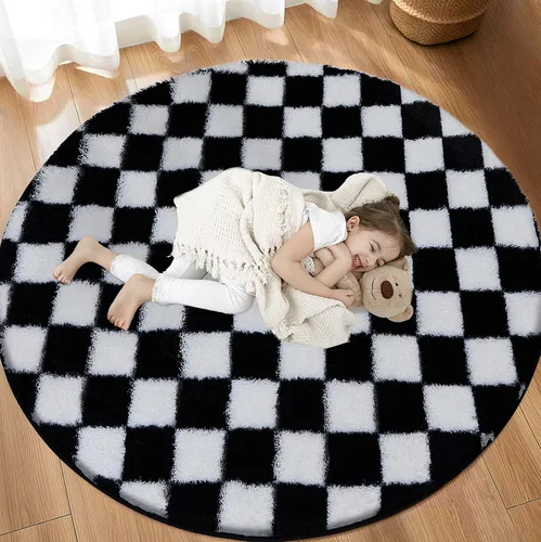 Miniatura 18 de Alfombra de área súper suave en blanco y negro, de 5 x 7 pies, alfombra clásica a cuadros de pelo alto mullida para dormitorio, sala de estar, Negro