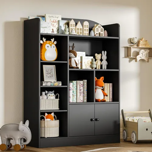 Miniatura 4 de DIYART Estantería negra para niños, estantería para niños con 7 cubos y 2 gabinetes, estantes independientes de almacenamiento para dormitorio, sala