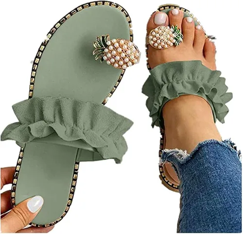 Sandalias planas para mujer, sandalias de piña con perlas bonitas y adorables, sandalias con correa para el dedo gordo, bohemias, casuales, para la