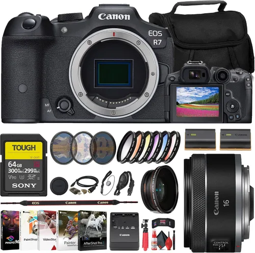 Canon Cámara sin espejo EOS R7 (5137C002) + lente Canon de 0.630 in (5051C002) + tarjeta SD resistente Sony de 64 GB + kit de filtro + bolsa +