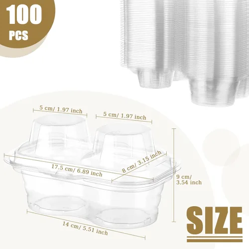 Miniatura 2 de Eaasty 100 recipientes de plástico con 2 compartimentos para cupcakes, caja de soporte para cupcakes profundos con tapas, contenedor apilable