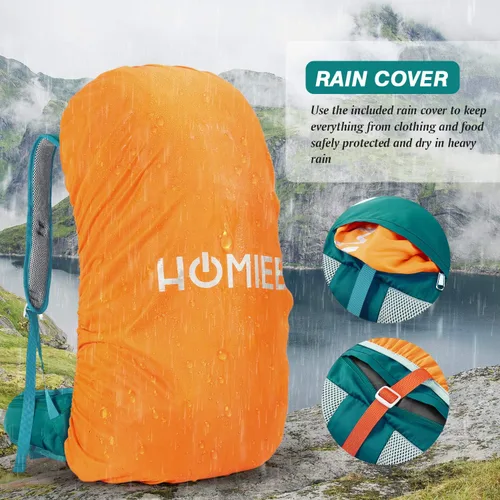 Miniatura 5 de HOMIEE 50L Hiking Backpack Travel Bag Waterproof Camping Rucksack with Rain Cover Lightweight Backpacking Backpack Verde militar