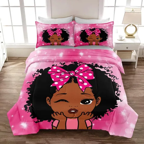 Miniatura 17 de Juego de edredón de niña negra tamaño individual para niños, juego de ropa de cama mágica para niñas negras, edredón de Christan inspirador